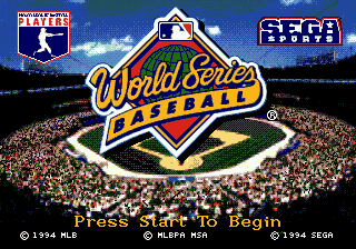 The title screen for World Series Baseball, showing the game's logo over a field, in a packed, stadium, with logos for the MLBPA and Sega Sports at the top, as well as copyright 1994 MLB at the bottom.
