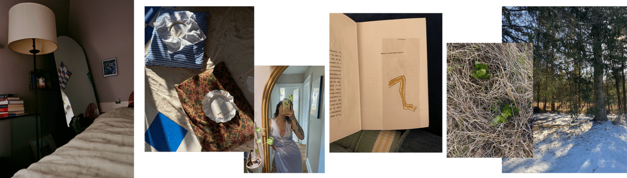 6 photographs in a line. from the left, the first one shows a full length mirror in the center with the foot of a bed peaking into frame. It is dark and a small part of the sunny window is showing in the mirror. The next photograph is an overhead at holding space with two embroidery hoops on top of pillows. 3rd is a selfie in the mirror wearing a lilac nightie. 4th is an overhead photo of a book open to a page that reads "why do we blush at dead" with a drawing of a leg. 5th and 6th photographs are from a cemetery, the first one an overhead shot of new green growth popping up amidst dead grass.