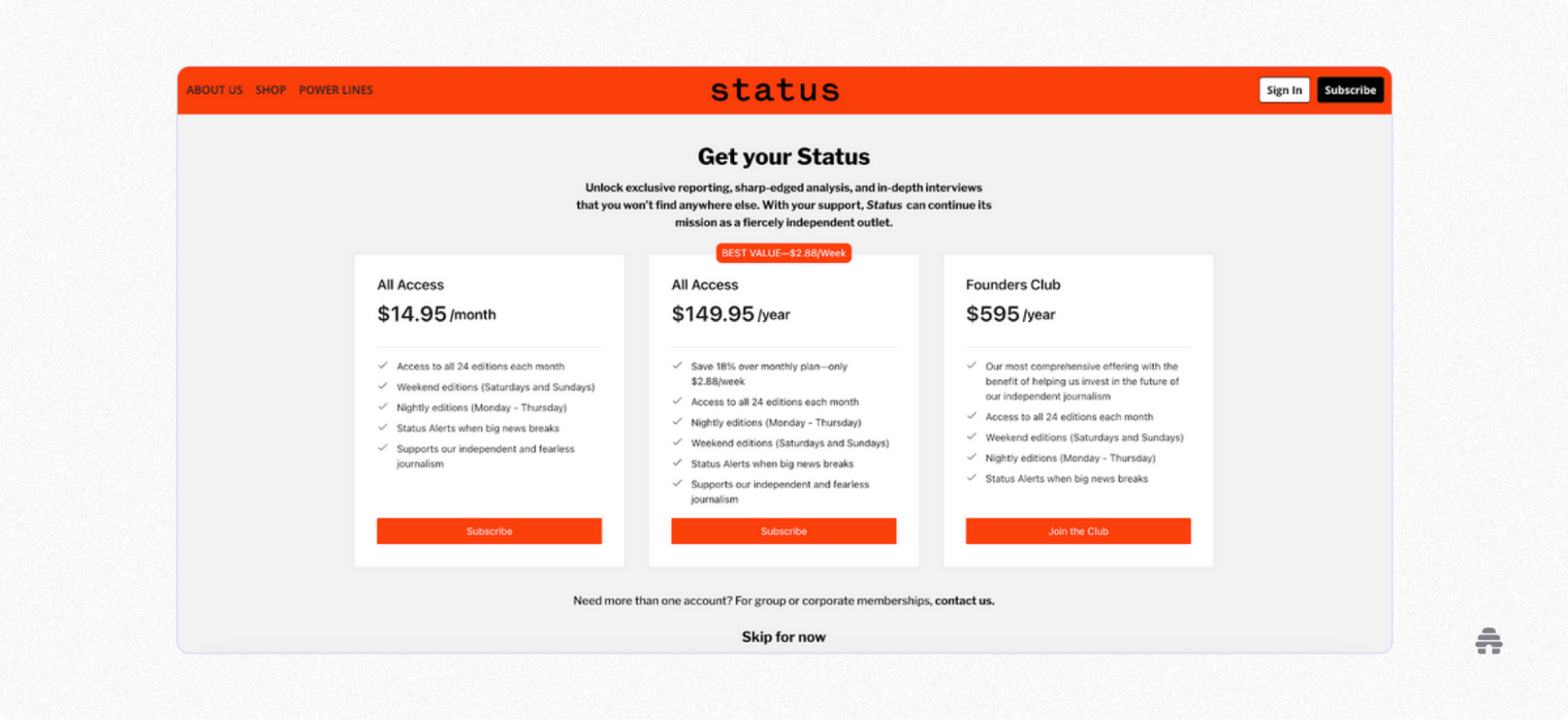Subscription pricing page for the “Status” publication, showing All Access monthly and yearly plans plus a premium Founders Club tier, promoting exclusive reporting, weekly editions, and support for independent journalism.