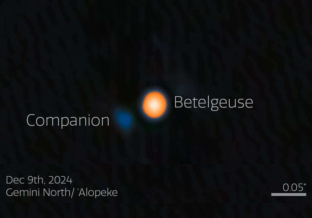 Betelgeuse prime is the red blob in the center of this highly processed image, with a blue blob to the lower left indicating the secondary star.