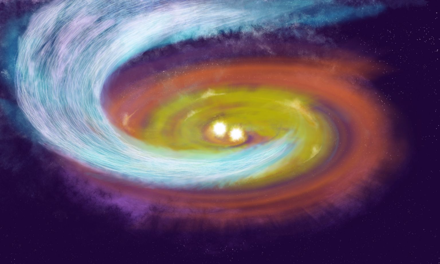 Artwork showing the binary protostars near each other, surrounded by a yellow and red disk of material, and a bluish spiral arm extending down from outside the image down to the disk.