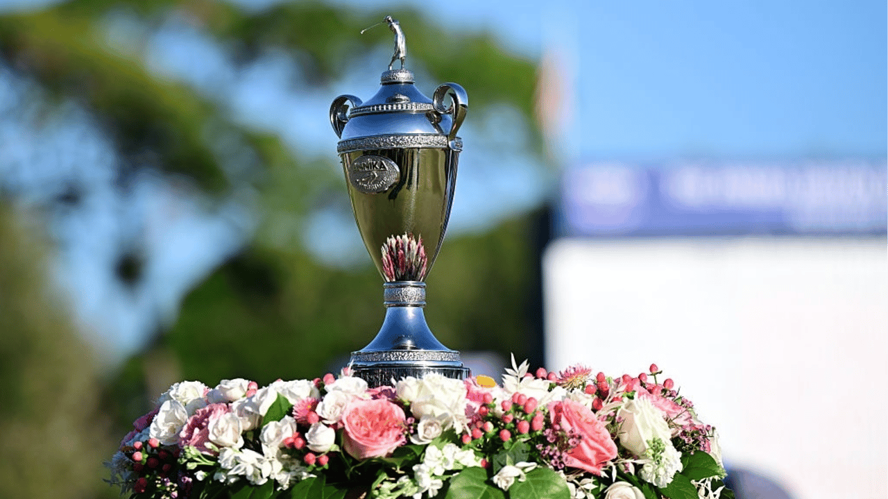 The trophy is seen on the 18th green ahead of the trophy ceremony during the final round of The ANNIKA 