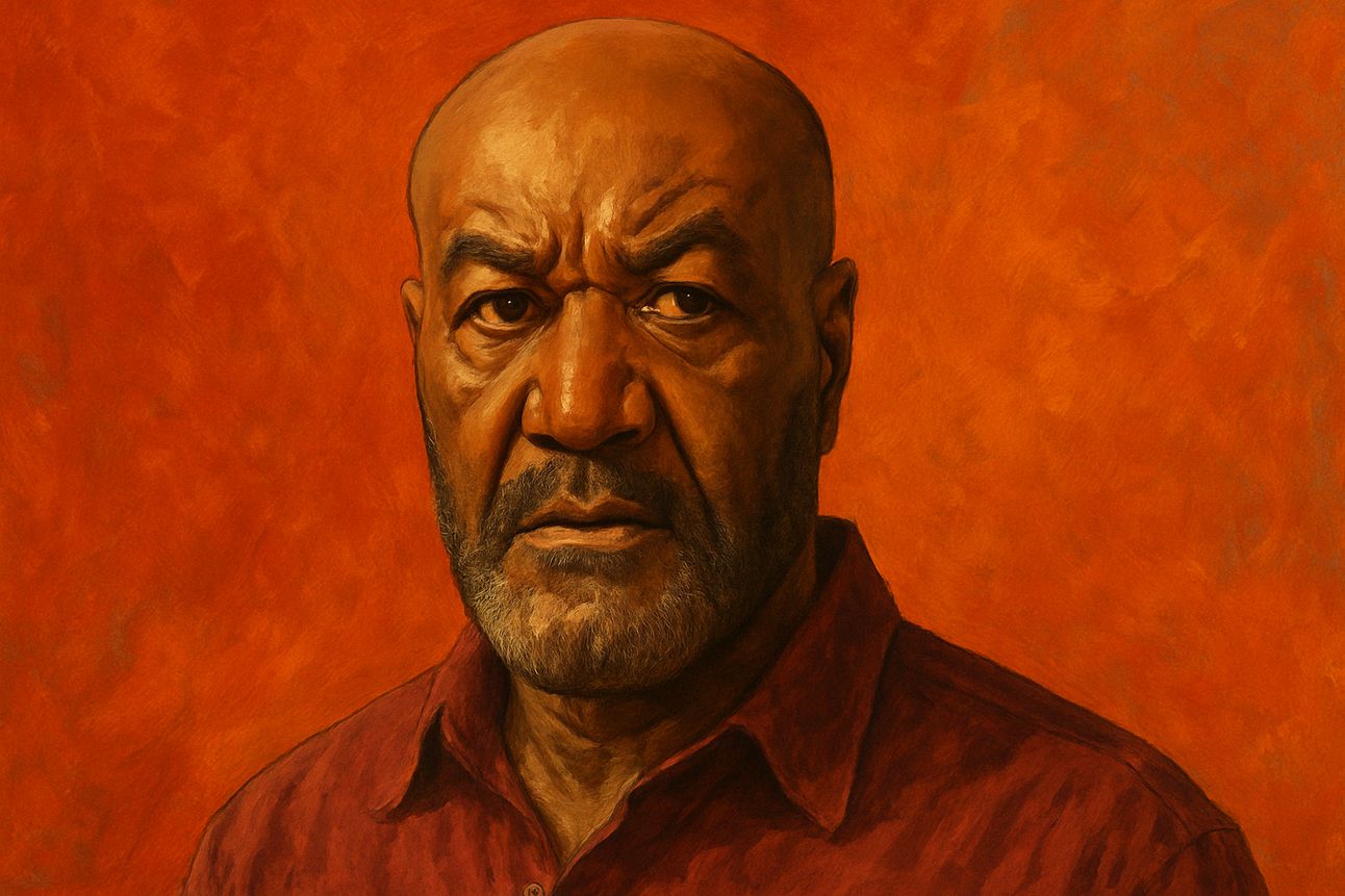 A traditional painted portrait in oil or acrylic features Delroy Lindo in a close-up view against a textured, fiery orange background. His expression is intense and contemplative, with furrowed brows and piercing eyes. He wears a maroon shirt, and the artwork highlights the deep lines on his face and the salt-and-pepper tones in his beard, capturing his gravitas and emotional depth.