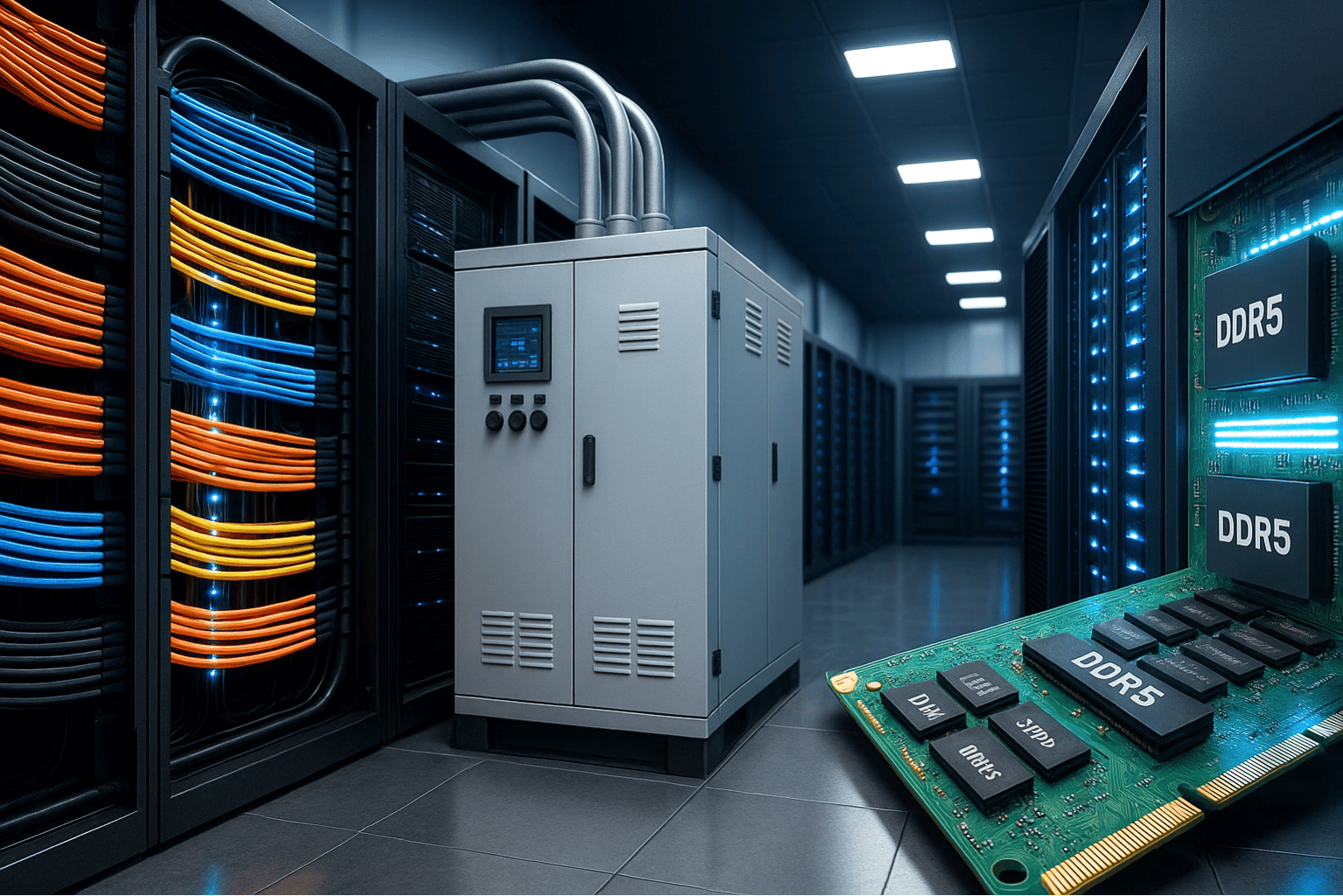 A modern AI data center interior featuring three distinct infrastructure components. On the left, vibrant bundles of orange, blue, and yellow fiber optic cables are neatly routed into vertical server racks, glowing faintly to suggest high-speed data transfer. In the center, a gray electrical power distribution cabinet with multiple gauges, vents, and overhead conduit pipes stands as the facility's energy hub. On the right, a close-up view of a green circuit board with black DDR5 memory chips is inset over a backdrop of illuminated server racks, representing advanced computing hardware. The setting is clean, dimly lit, and industrial, highlighting the physical systems behind AI infrastructure.
