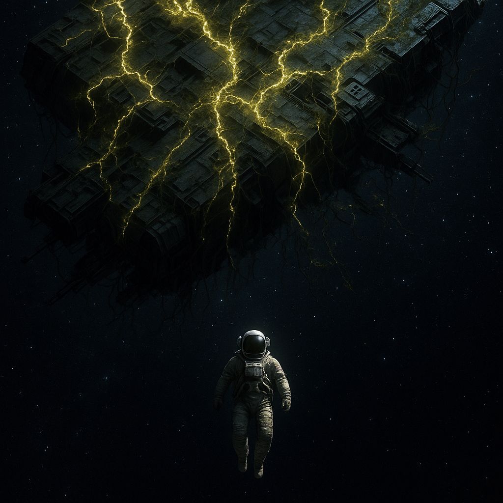 bird's-eye view of an astronaut floating beneath a massive derelict spacecraft wrapped in glowing vines, with the starfield above.