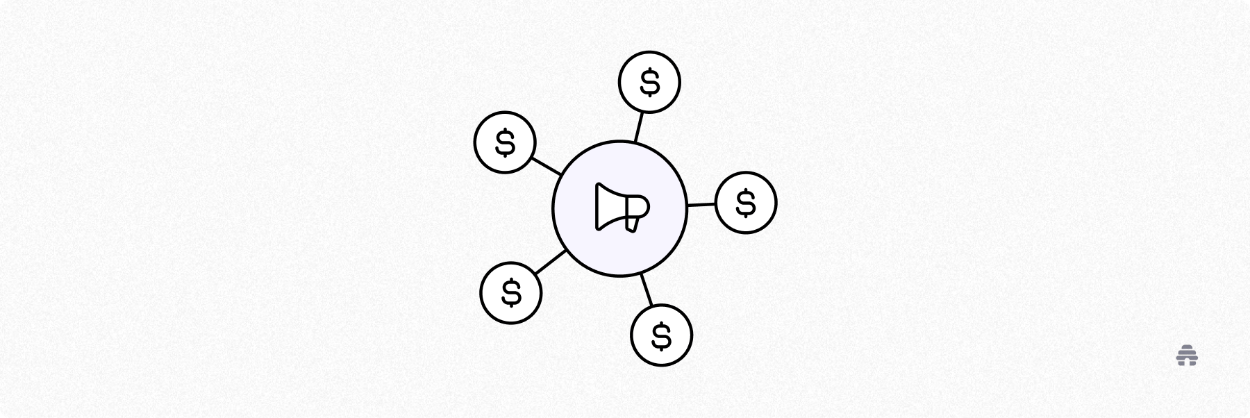 Icon of a megaphone at the center with dollar signs connected around it, representing how creators can generate multiple revenue streams through beehiiv’s monetization features.