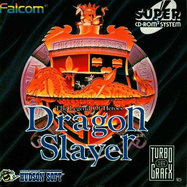 The North American box art for Dragon Slayer: The Legend of Heroes, featuring the Dragon Slayer logo set on a royal crest