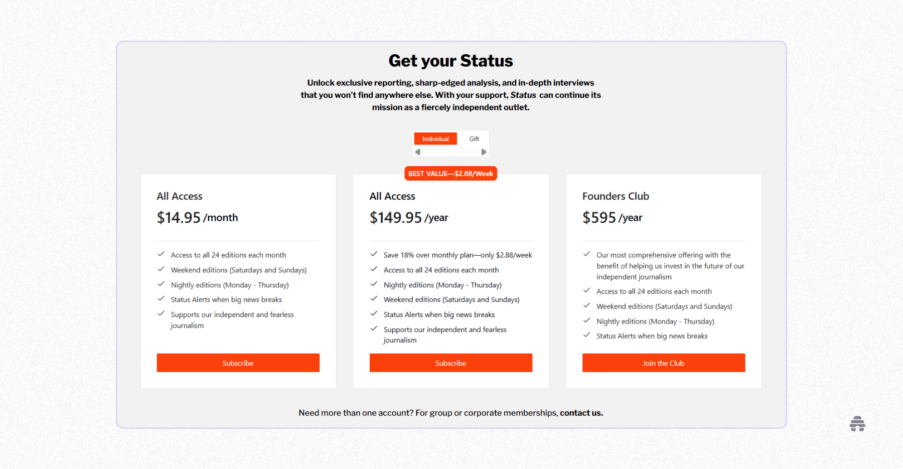 Status membership pricing page showing three subscription tiers — monthly All Access, yearly All Access, and the premium Founders Club — each outlining benefits like daily editions, weekend editions, and support for independent journalism.