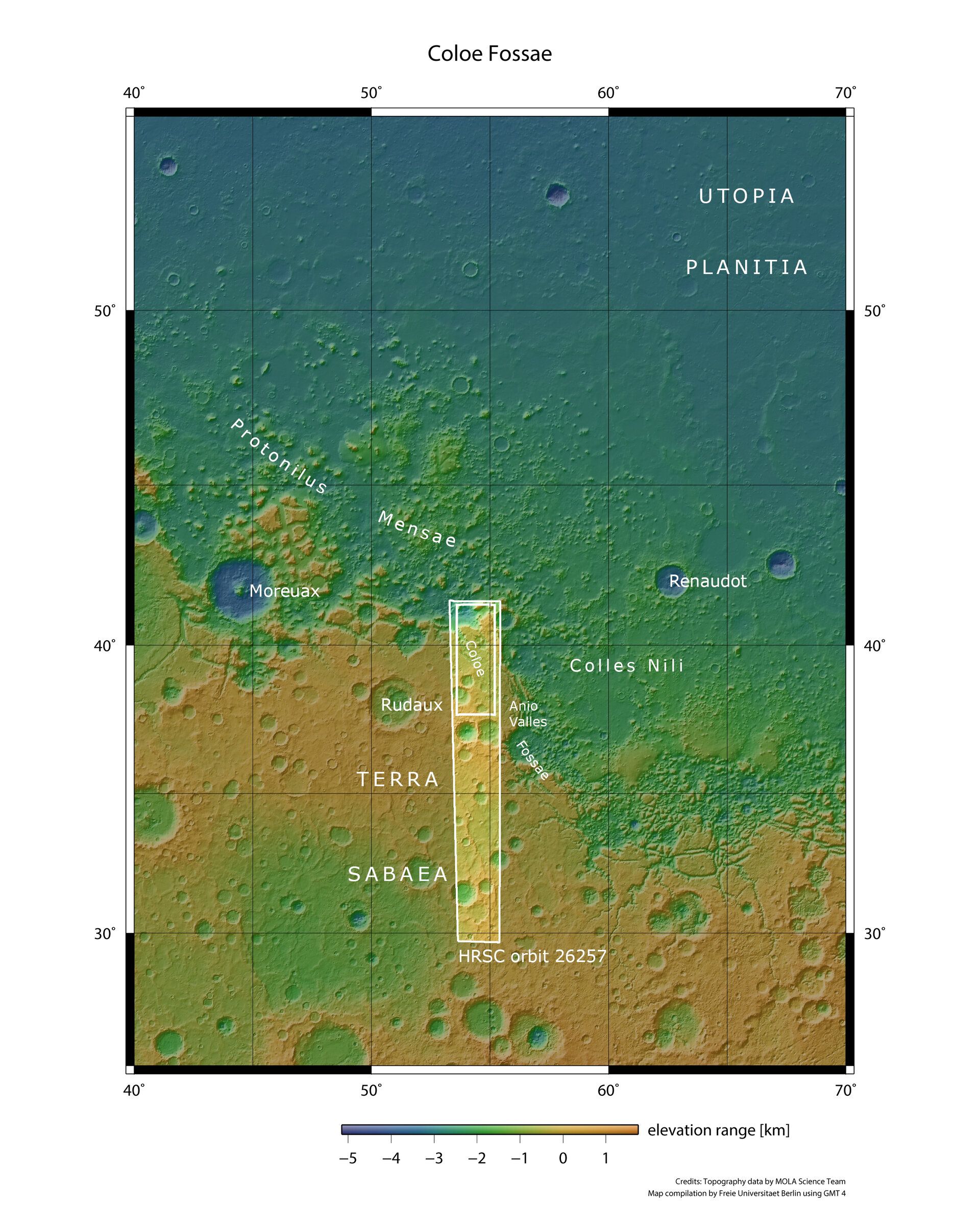 This image places the Coloe Fossae region within the broader geological context of Mars, highlighting the boundary between the planet’s northern lowlands and southern highlands. This global divide varies in form, ranging from steep, two-kilometre-high escarpments to more gradual, fragmented transitions like the Protonilus Mensae seen here. The blue-toned upper half marks the northern lowlands, which span much of Mars’s northern hemisphere, while the yellow-orange lower half represents the southern highlands. The larger white box outlines the area captured by ESA’s Mars Express High Resolution Stereo Camera (HRSC) on 19 October 2024. The smaller box marks the specific region featured in the latest images shown earlier.