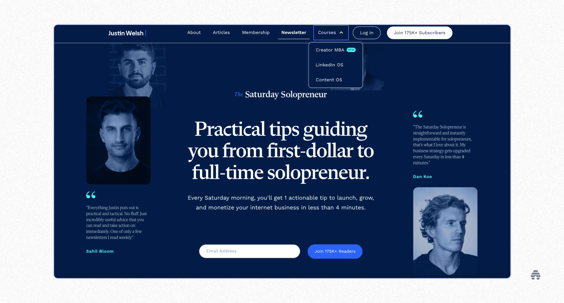Homepage of Justin Welsh’s “Saturday Solopreneur” newsletter promoting weekly actionable tips for building and monetizing a solopreneur business, featuring subscriber testimonials, course links, and an email signup form inviting users to join 175K+ readers.