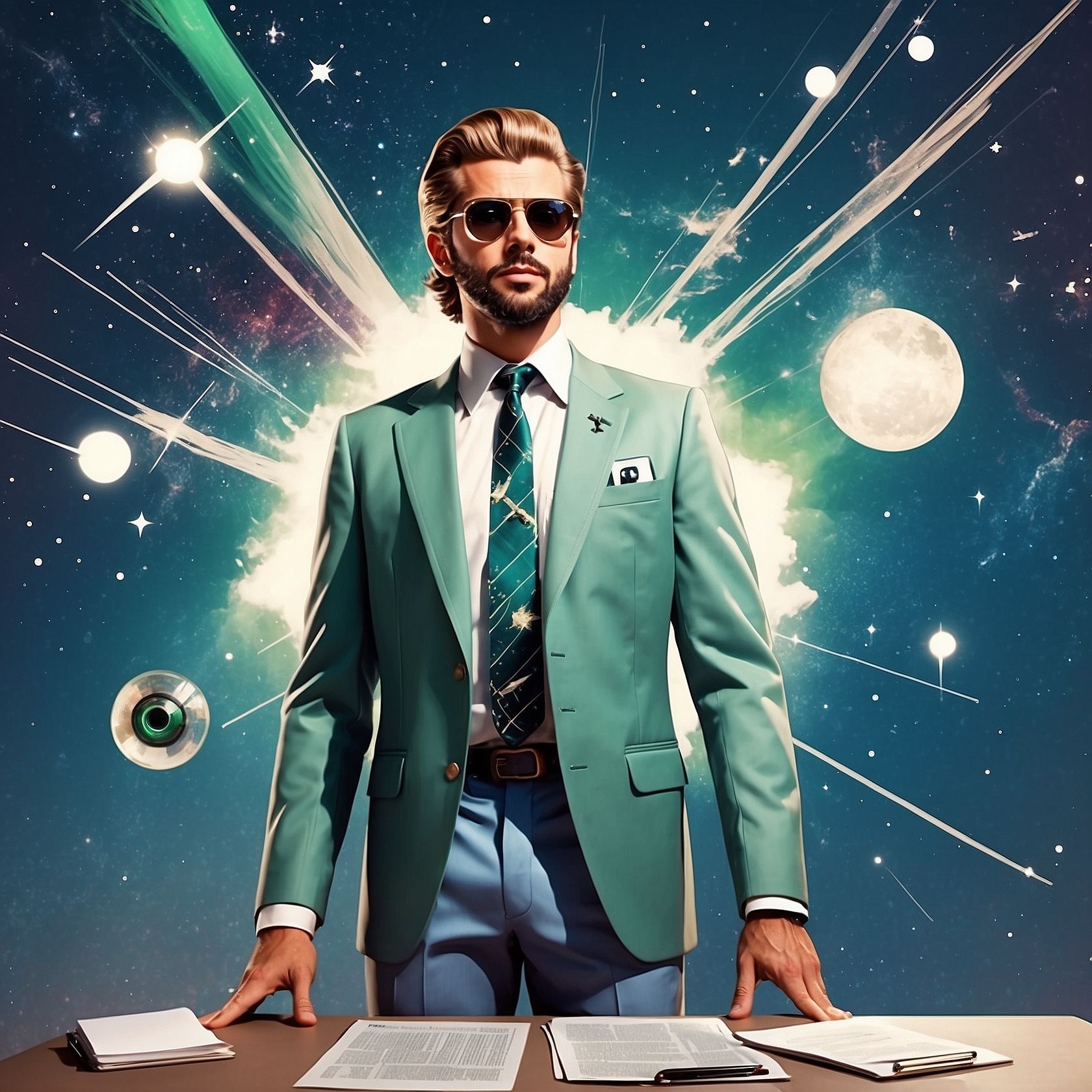 Stylized portrait of a confident man wearing a turquoise suit and floral shirt, set against a cosmic background with neon pink starburst lines radiating behind him. He wears reflective aviator sunglasses and has a well-groomed beard and slicked-back hair, evoking a retro-futuristic, 1980s-inspired aesthetic.
