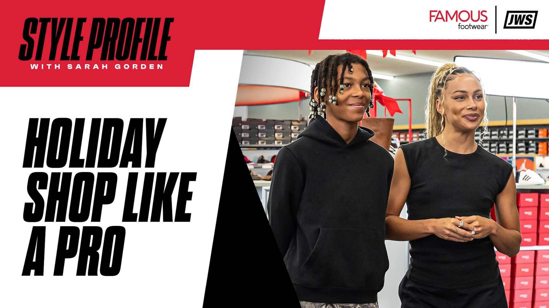 Sarah Gorden and son pose inside a Famous Footwear store.