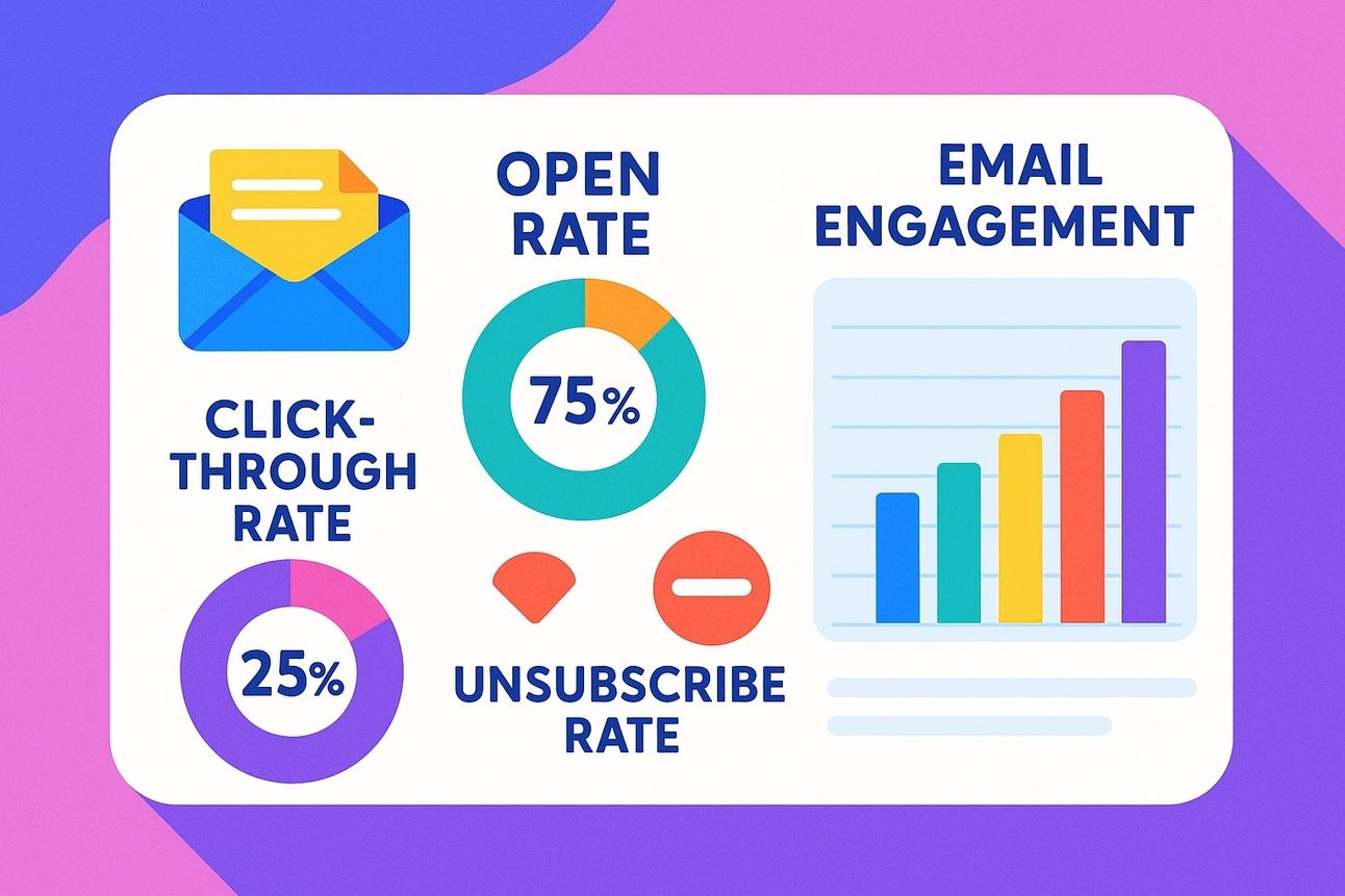 Bright, colorful 2D dashboard illustration showing email engagement metrics, including open rate, click-through rate, unsubscribe rate, and a bar chart with rising values.