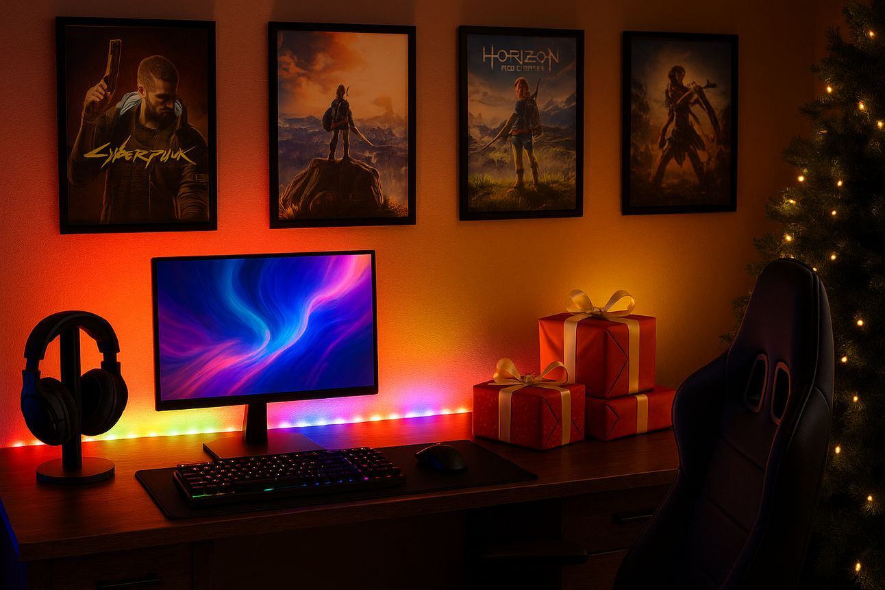 A cozy holiday-themed gaming room featuring a glowing RGB-lit gaming setup with a large curved monitor and mechanical keyboard. Framed gaming posters decorate the wall above the desk, while a black over-ear headset rests on the desktop. Several red and white wrapped gift boxes sit beside the desk, and soft ambient lighting fills the room, creating a festive and inviting gamer-friendly atmosphere.