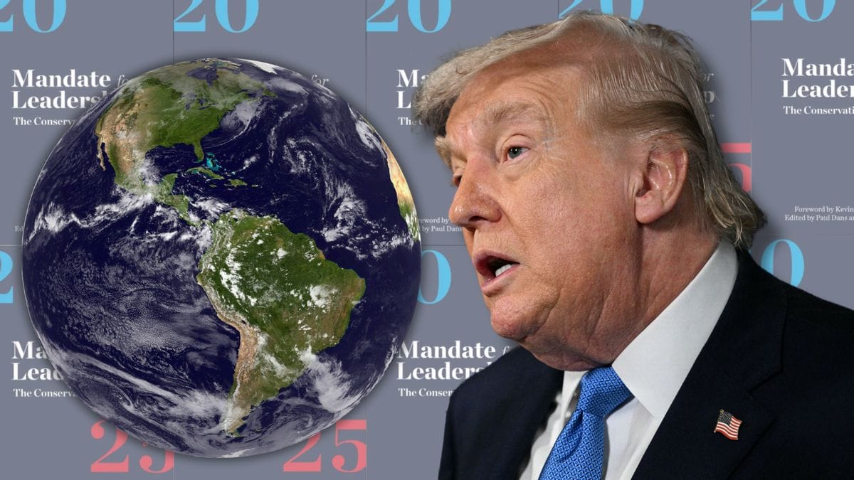A blue and green planet is pictured next to a white man speaking. In the background, Project 2025 covers can be seen.