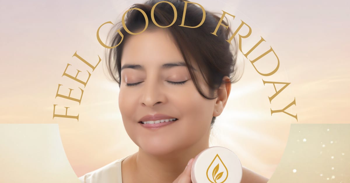 Jenice Story holding AJ’s EO Infusions Lip Butter Scrub with eyes closed, symbolizing calm, self-care, and the Feel Good Friday ritual.