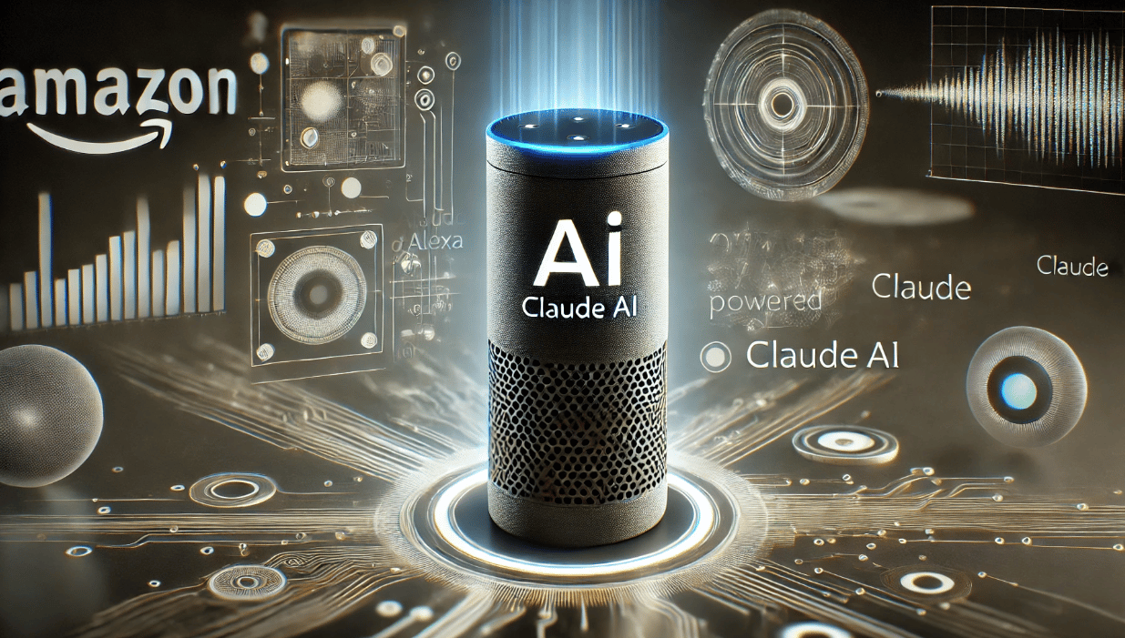 An image showing Amazon’s Alexa device with a visual representation of AI, featuring the Claude AI logo prominently displayed. The background includes abstract elements representing voice assistant technology, with subtle nods to the integration of AI and the upcoming changes. The image suggests a futuristic, advanced Alexa experience powered by Claude AI, hinting at the enhanced capabilities and features of the new version