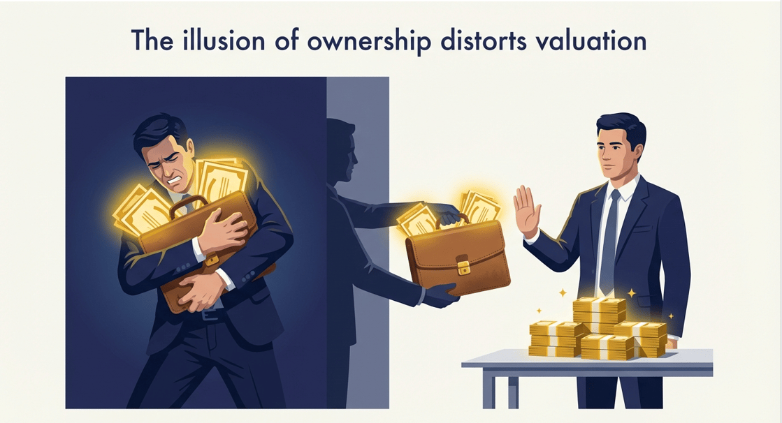 A split screen illustration showing a stressed worker hugging a glowing briefcase of company stock on the left. On the right the same worker rejects a million dollars in cash for that exact same briefcase. This highlights the irrationality of the endowment effect and how ownership distorts reality.