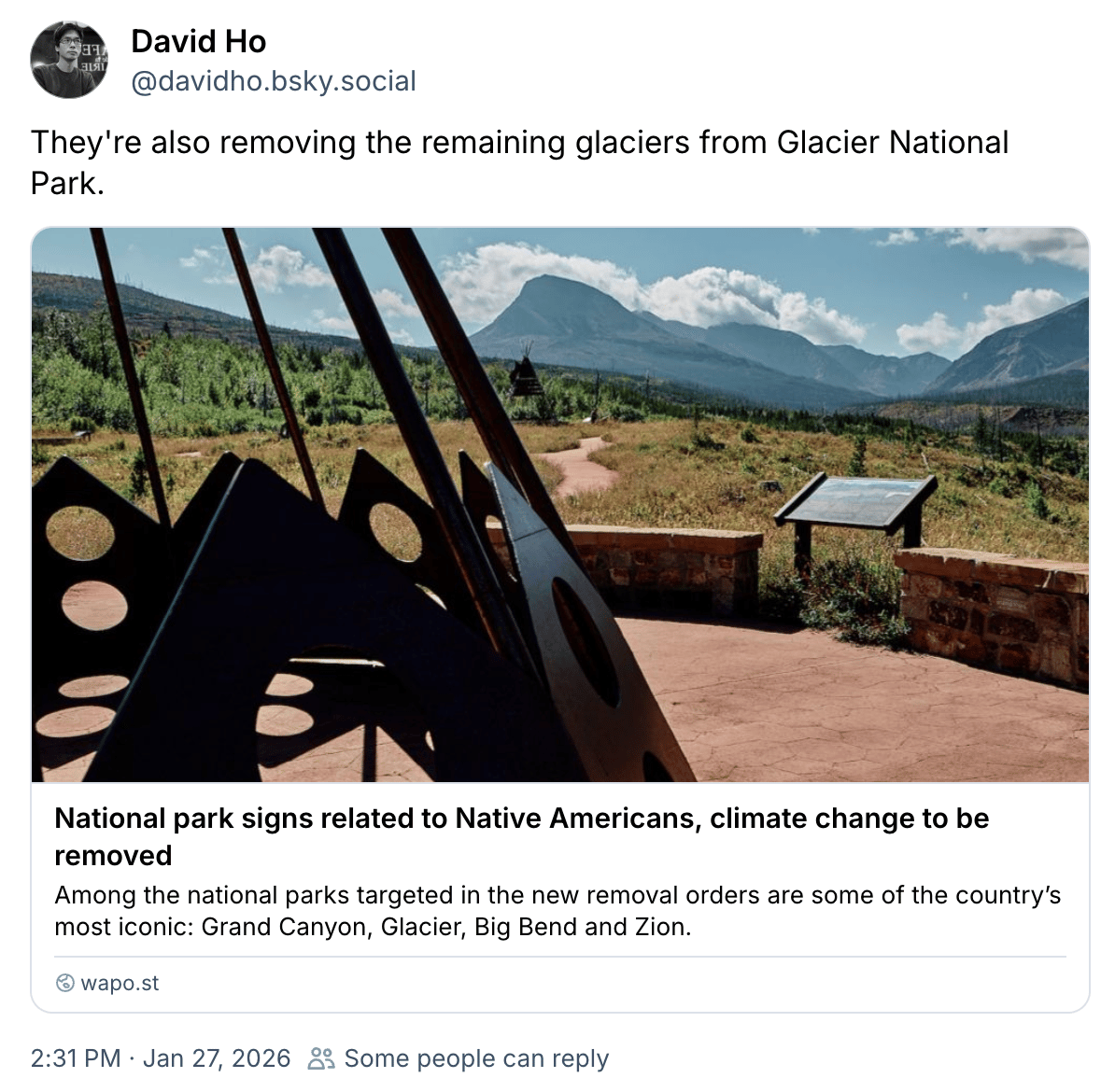 They're also removing the remaining glaciers from Glacier National Park. National park signs related to Native Americans, climate change to be removed Among the national parks targeted in the new removal orders are some of the country’s most iconic: Grand Canyon, Glacier, Big Bend and Zion.