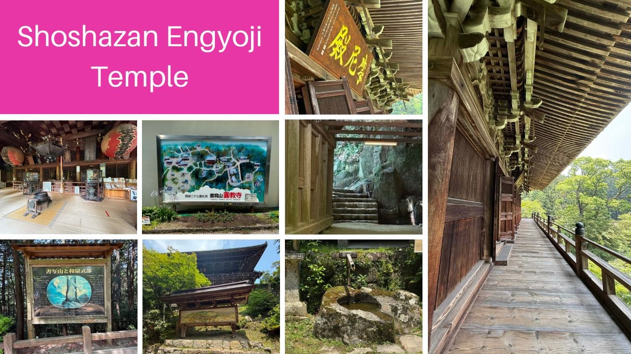Collage of Shoshazan Engyoji Temple in Japan featuring traditional wooden buildings, temple interiors, forest pathways, signage, and a long wooden walkway overlooking greenery, capturing the peaceful mountain setting and historic architecture.