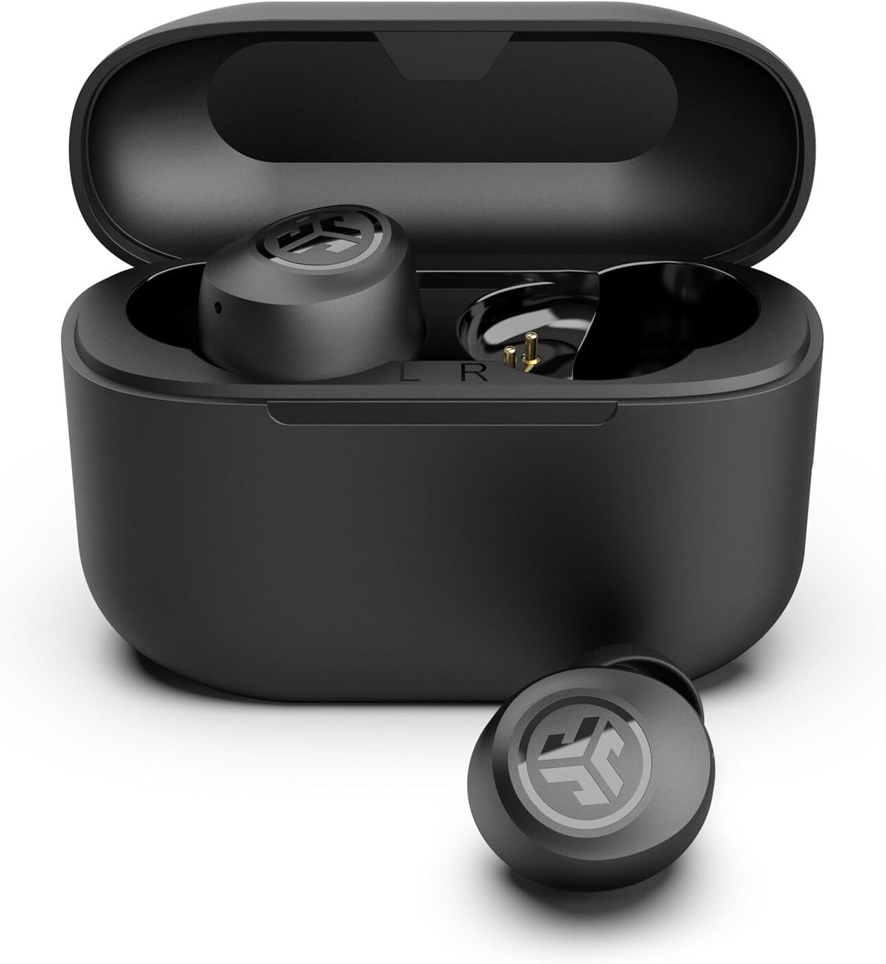 JLab Go Air Pop Compact and colorful earbuds in a matching slim case, placed on a desk—budget-friendly wireless audio for casual everyday use.