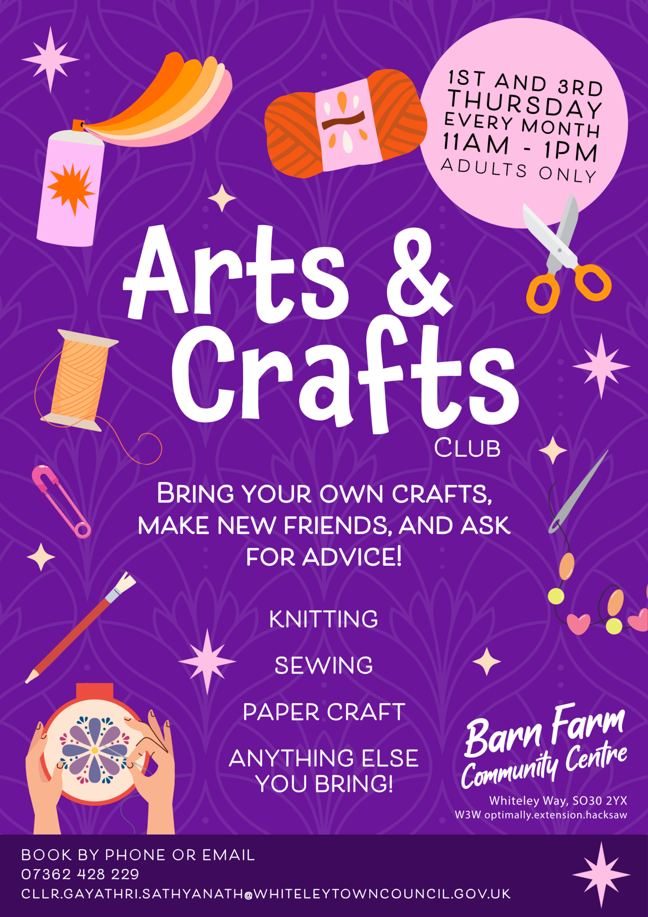 A colourful arts and crafts poster with a purple art deco background, and illustrations themed around sewing and embroidery