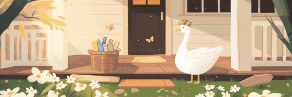 An animated illustration of a cozy front porch at golden hour. A white goose wearing a flower crown stands on the porch near a basket full of colorful books. Butterflies gently flutter around the scene, and soft flower petals float through the air. The porch is surrounded by blooming white daisies and warm sunlight, creating a peaceful, welcoming atmosphere.