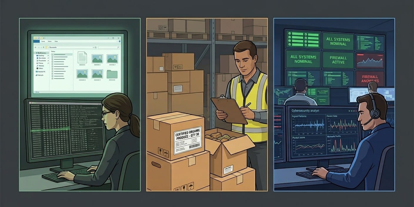 Three-panel illustration comparing digital and physical trust systems: a programmer analyzing files and code on a computer, a warehouse worker verifying labeled packages and inventory with a checklist, and a cybersecurity analyst monitoring system status dashboards, alerts, and firewall activity, highlighting verification, validation, and trust across data, logistics, and security systems from Biodesign Academy.