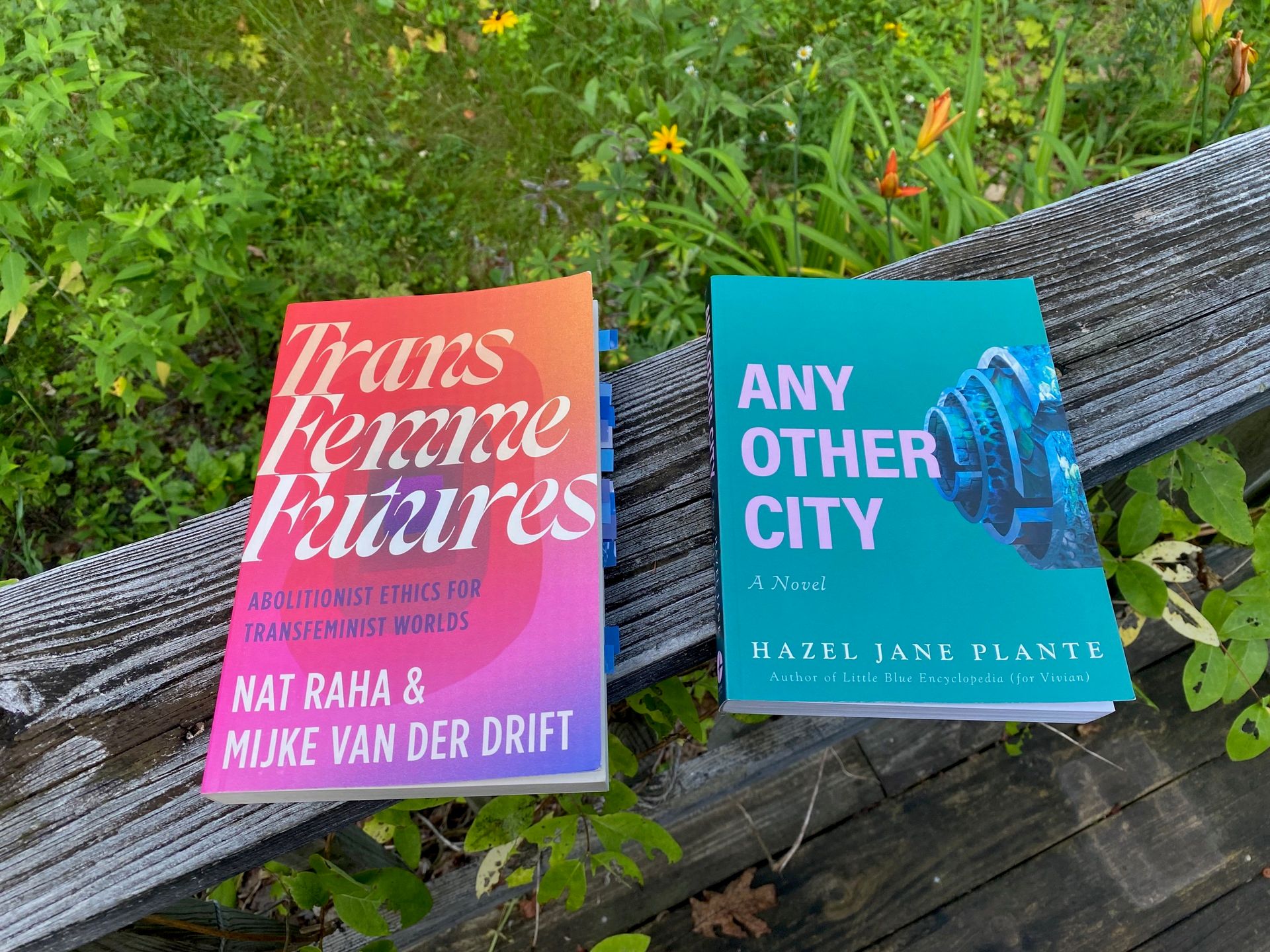 The two listed books lying next to each other on a porch railing in front of some lilies.