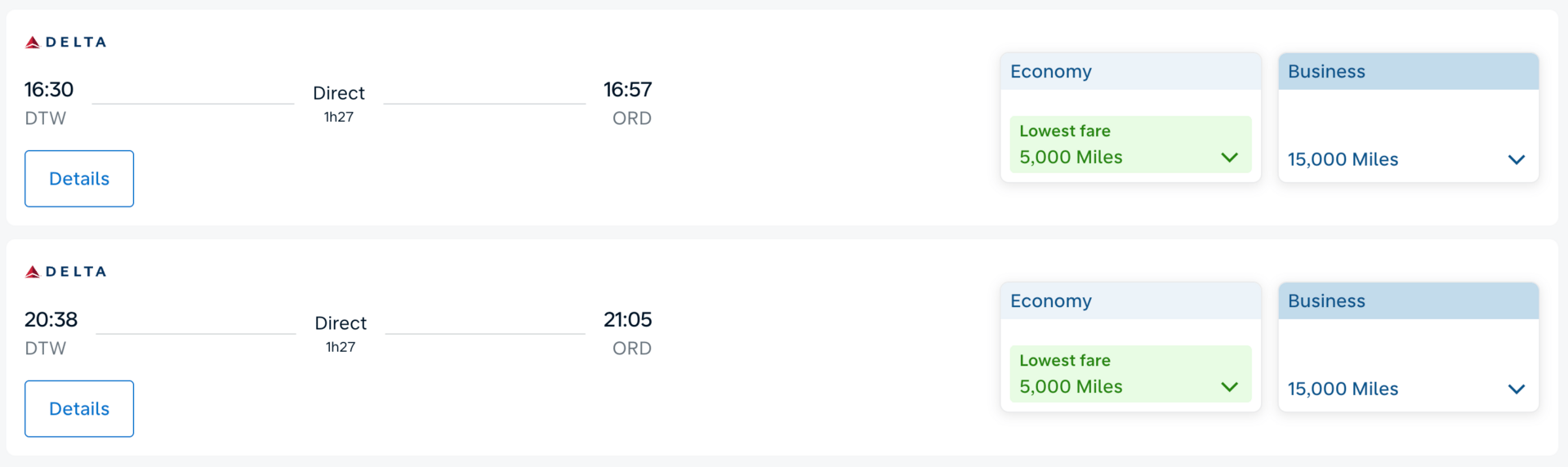 Detroit to Chicago on Delta for 5,000 Flying Blue miles