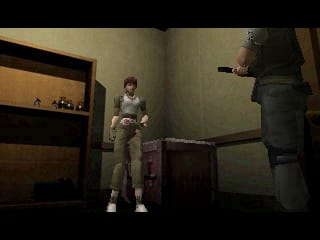 A screenshot showing Rebecca Chambers in the safe room in the original Resident Evil. She's wearing a different getup than everyone else, as she's a medic.