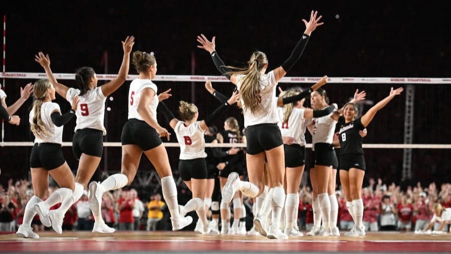 The Nebraska Cornhuskers celebrate the win against the Omaha Mavericks at Memorial Stadium 
