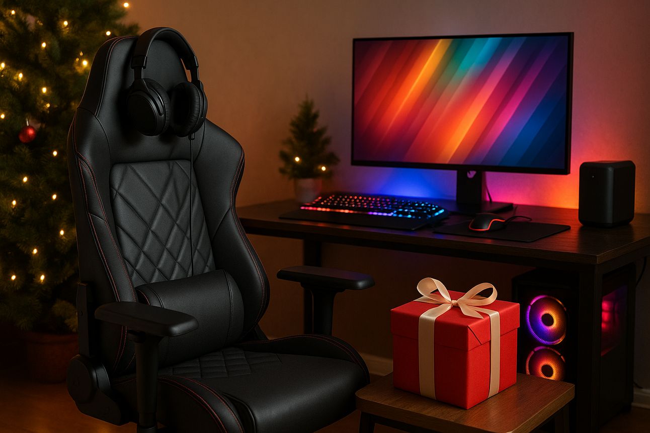 A festive gaming setup featuring a black and red ergonomic gaming chair with a headset hanging over the top, positioned next to a small table holding a red holiday gift box wrapped with a cream ribbon. In the background, a large curved monitor displays a vibrant rainbow wallpaper above an RGB-backlit keyboard and gaming mouse. A Christmas tree with warm string lights adds to the cozy holiday vibe, and a PC tower with glowing internal fans sits under the desk. The entire scene is warmly lit, highlighting the inviting and high-tech holiday atmosphere.
