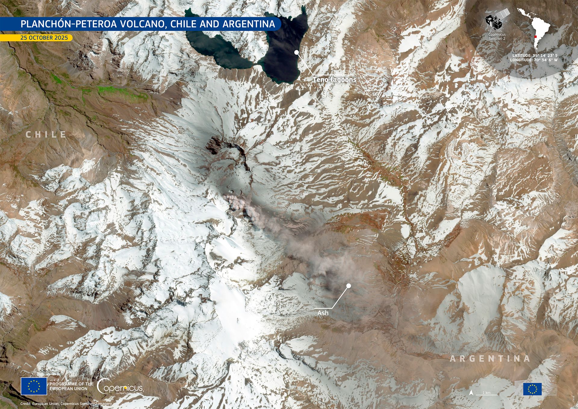 On 25 October 2025, Chile’s Planchón‑Peteroa volcanic complex released a plume of gas and ash rising about 600 m above the crater. Winds shifted the plume eastward into Argentina, where ash spread across snow‑covered slopes. This Copernicus Sentinel‑2 image captures the event, highlighting the role of the satellites in monitoring volcanic activity and its impacts.