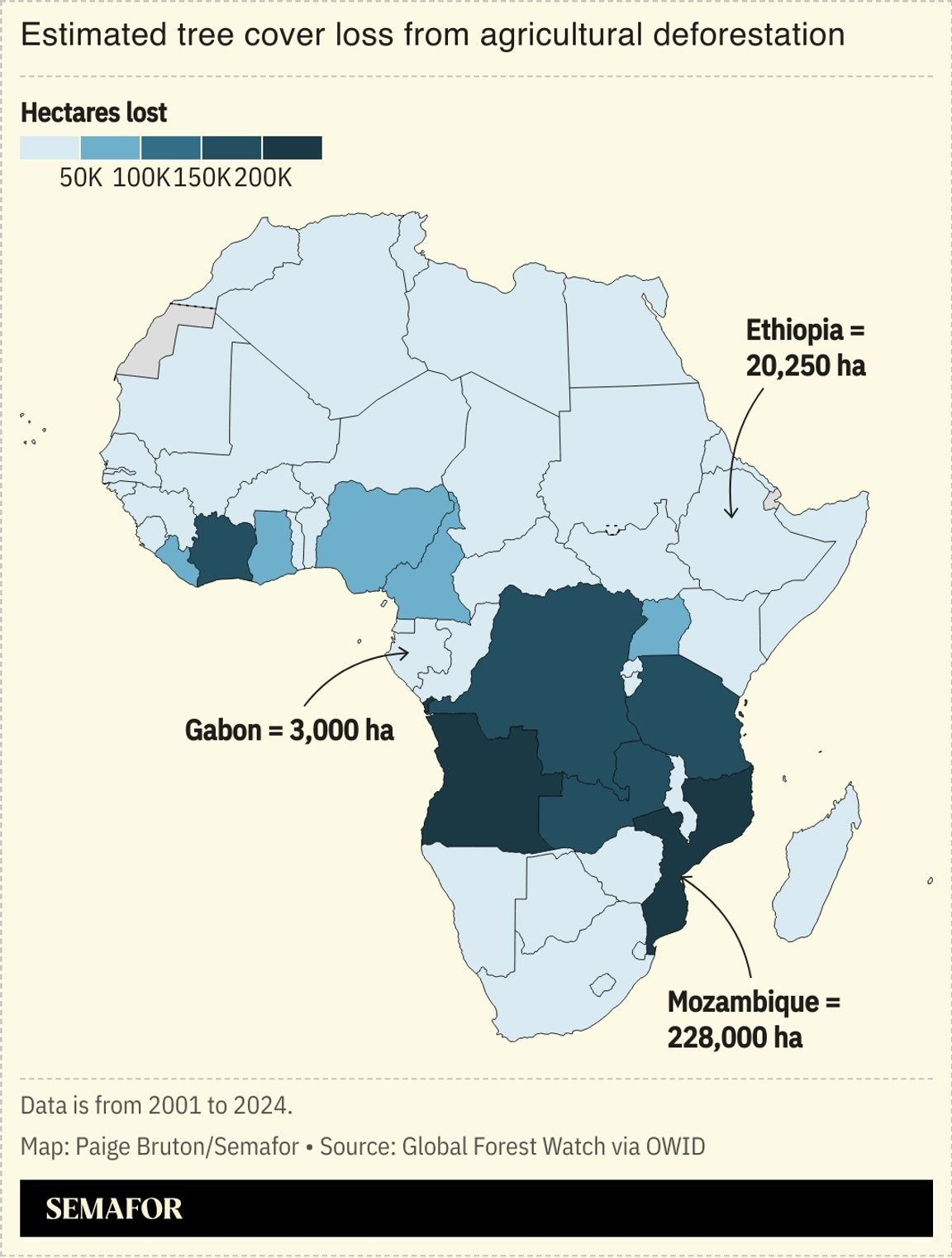 Map showing Gabon’s protected land, forest coverage, and planned conservation financing areas.