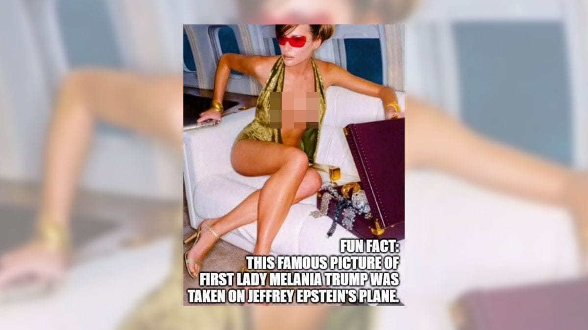 A white woman is photographed wearing a revealing top. At the bottom, white text says, "FUN FACT: THIS FAMOUS PICTURE OF FIRST LADY MELANIA TRUMP WAS TAKEN ON JEFFREY EPSTEIN'S PLANE."