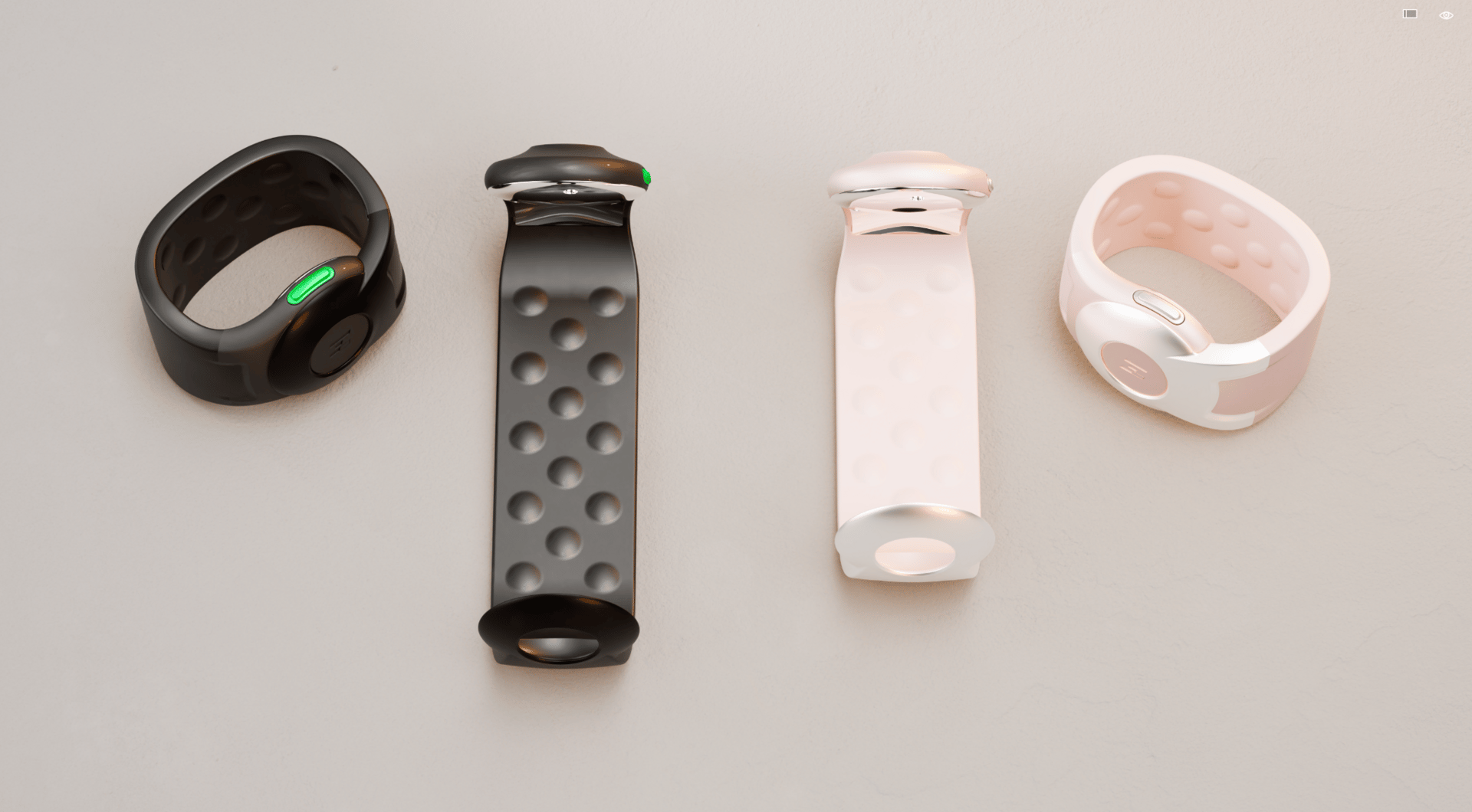 Different size and color options of the ALEYE wristband shown. The right side has a rose gold option for a smaller size wrist and the left side has the larger darker color wave. 