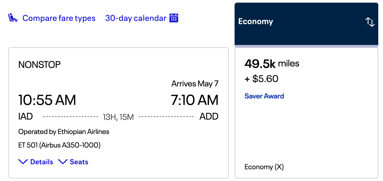 Washington D.C. to Addis Ababa on Ethiopian Airlines using United Miles