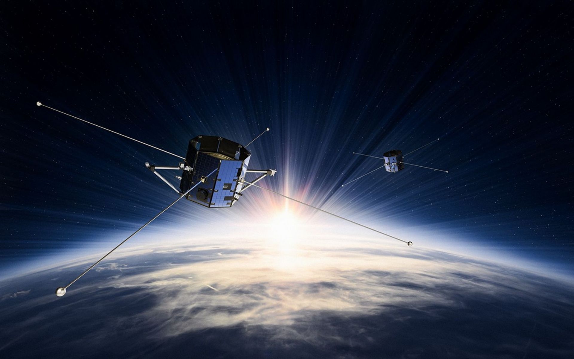 An artist's rendering of the two TRACERS spacecraft in low-Earth orbit.