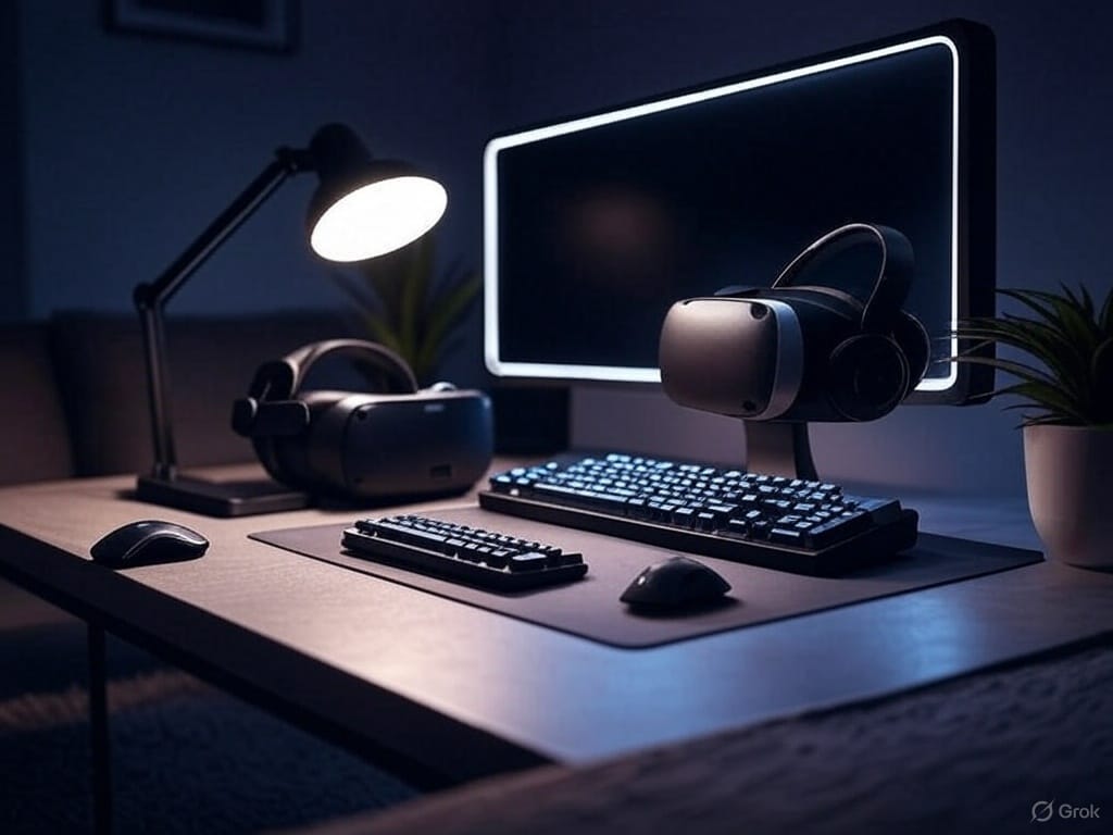 A 16:9 cover art image of a stylish gamer desk setup. The desk features a large monitor with a glowing border, a mechanical keyboard with RGB lighting, a mouse, a mouse pad, a VR headset, and headphones. A desk lamp illuminates the scene, and a small potted plant adds a touch of greenery. The background is dimly lit, creating a cozy gaming atmosphere. No text is present.