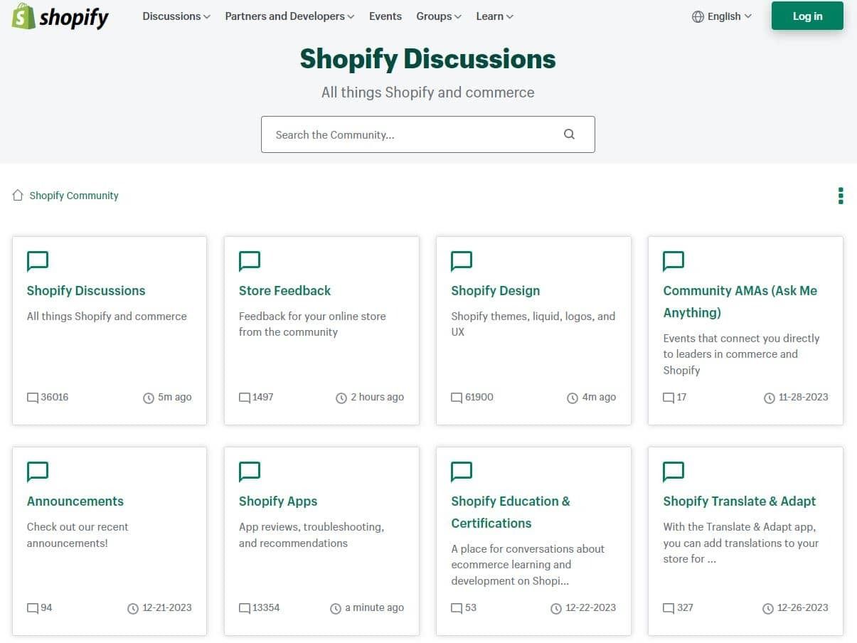 The Shopify forum discussion homepage with all the sub forums to view, read and post in.