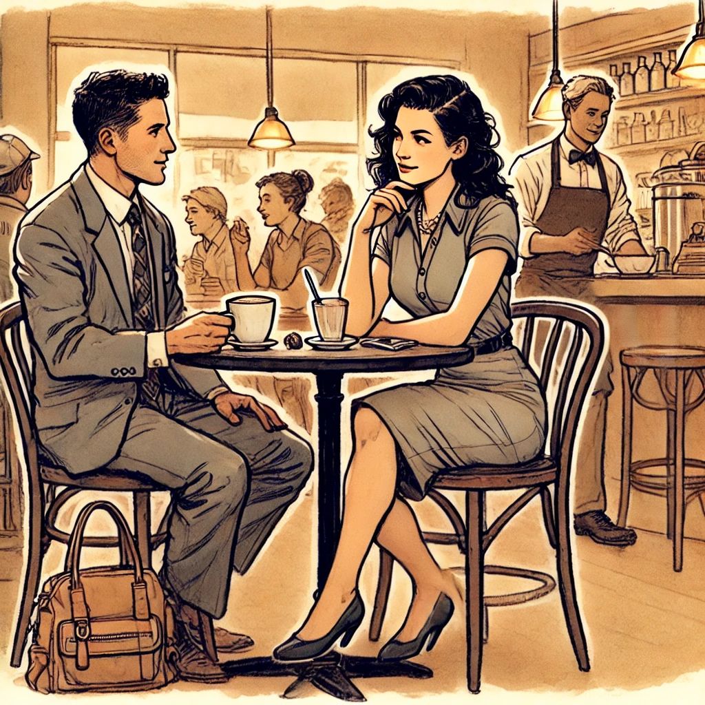 A hand-drawn color illustration of a man and a woman seated at a small round table in a cozy café. The woman, confident and amused, leans back slightly, while the man sits steady and composed. A waiter stands nearby taking their order, adding realism to the intimate setting. The warm lighting enhances the reflective and engaging mood.