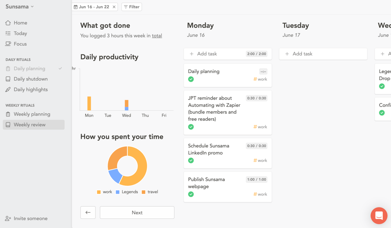 screenshot of my planner in Sunsama
