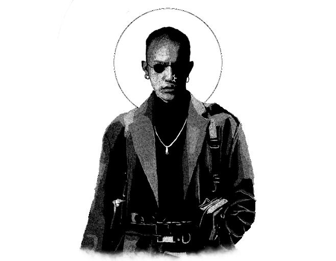 Pixelated digital portrait of a Black person in a dark trench coat, black turtle-neck, harness, with ear and nose piercings and small, round black-lensed glasses. Behind their head is framed by a white circle. 