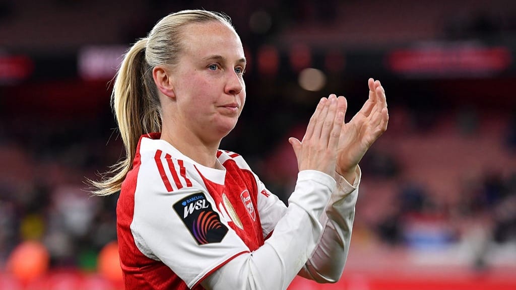 Beth Mead of Arsenal acknowledges the fans following the Barclays Women's Super League match between Arsenal and Tottenham Hotspur at Emirates Stadium