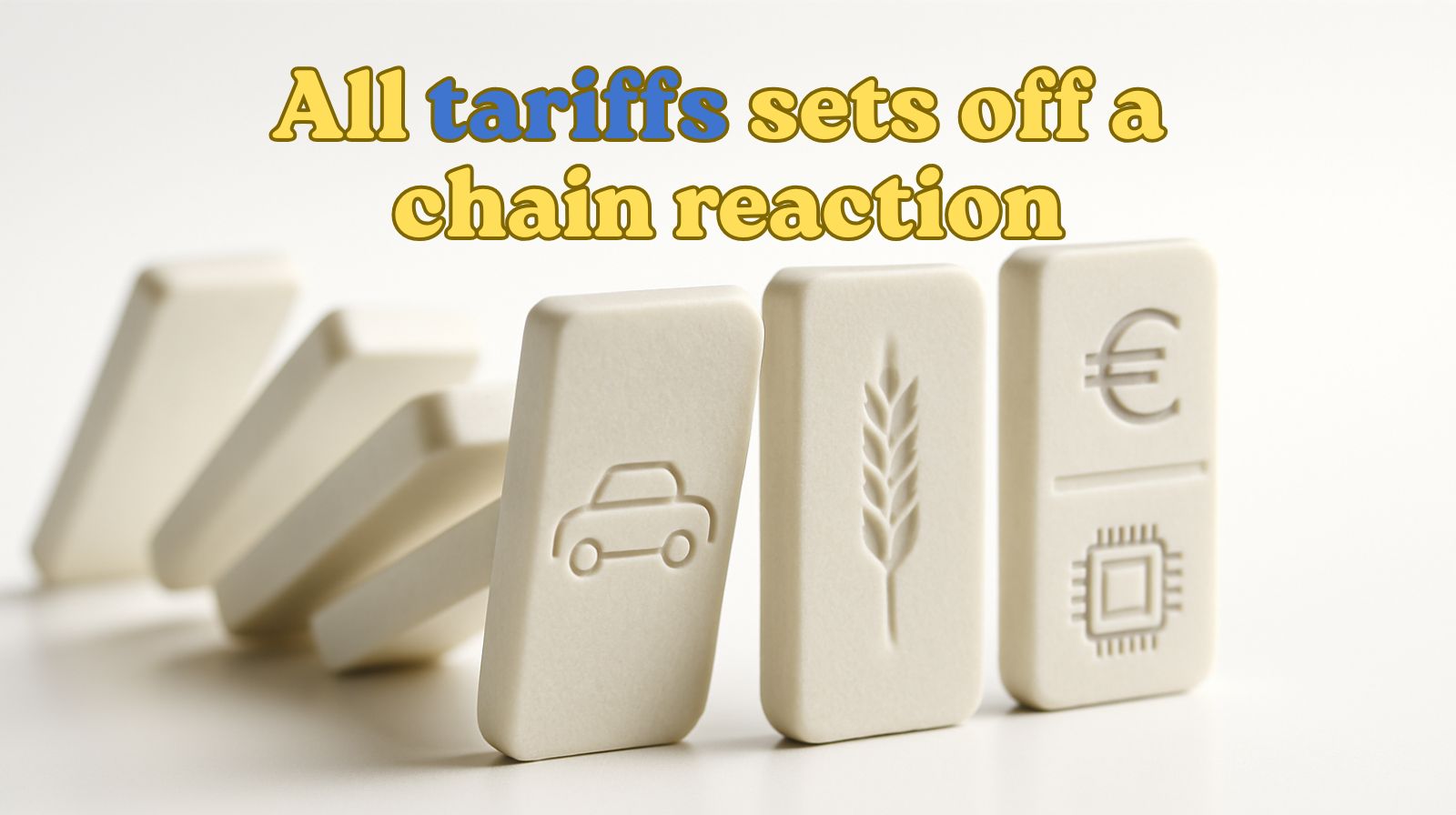 Close-up of large wooden domino tiles, each engraved with industry icons, toppling in sequence across a bright financial workspace.