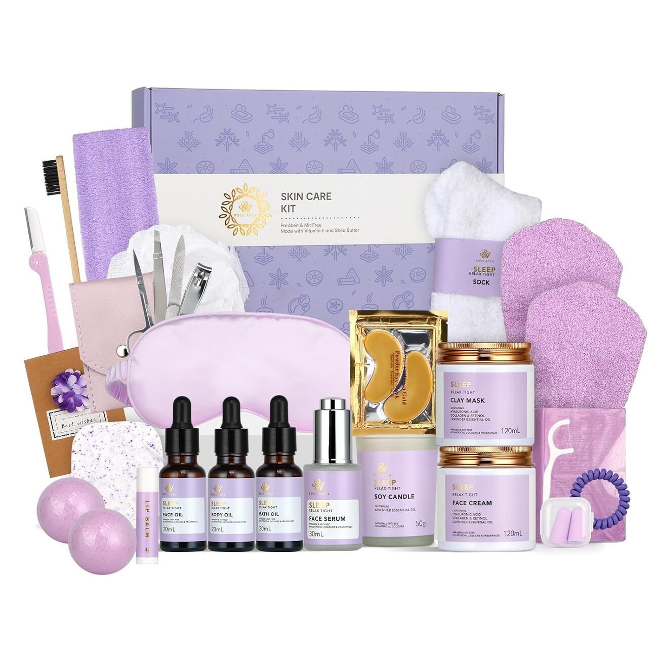 Facial Skin Care Set & Spa Kit Lavender-themed skincare gift set with essential oils, hyaluronic acid, and vitamin E, displayed in a decorative spa-style box with calming accents.