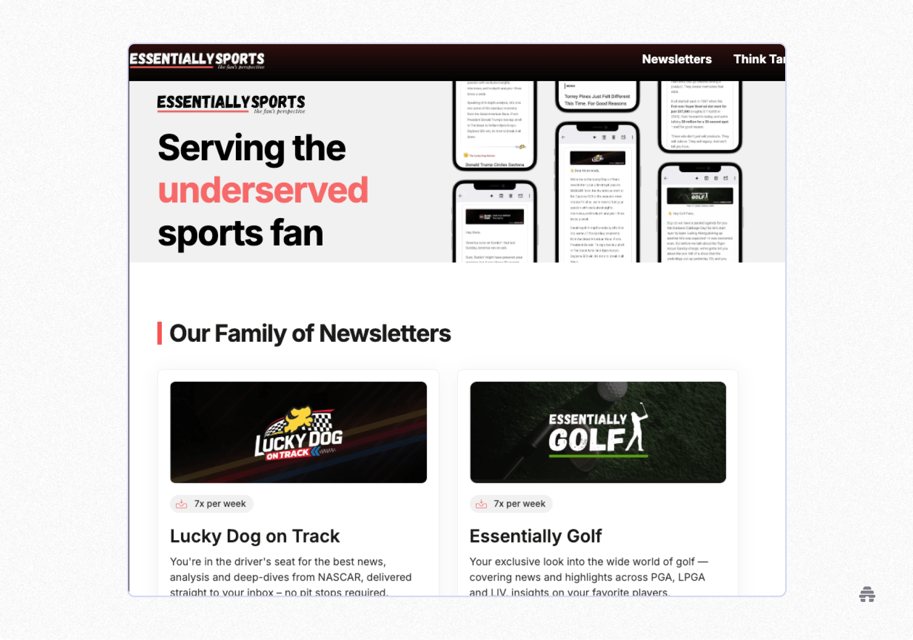EssentiallySports website showcasing its newsletter hub, highlighting coverage for underserved sports fans and a family of sports newsletters. Demonstrates how a media publisher organizes and promotes multiple newsletters to grow and engage its audience.