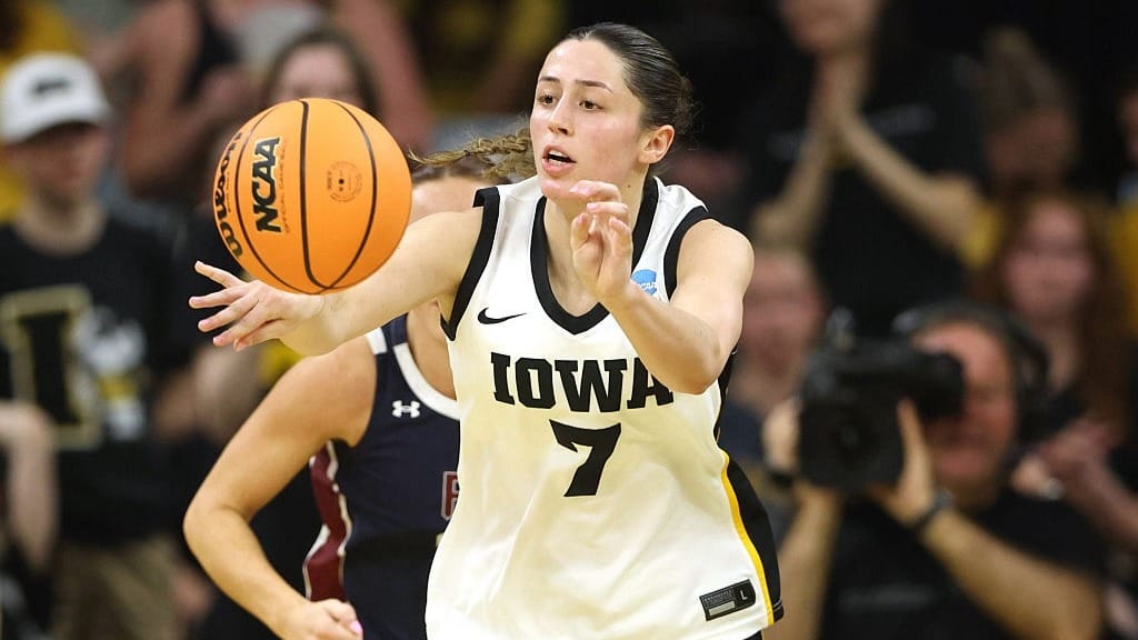 Addie Deal #7 of the Iowa Hawkeyes looks to pass during a first round game of the 2026 NCAA Women's Basketball Tournament