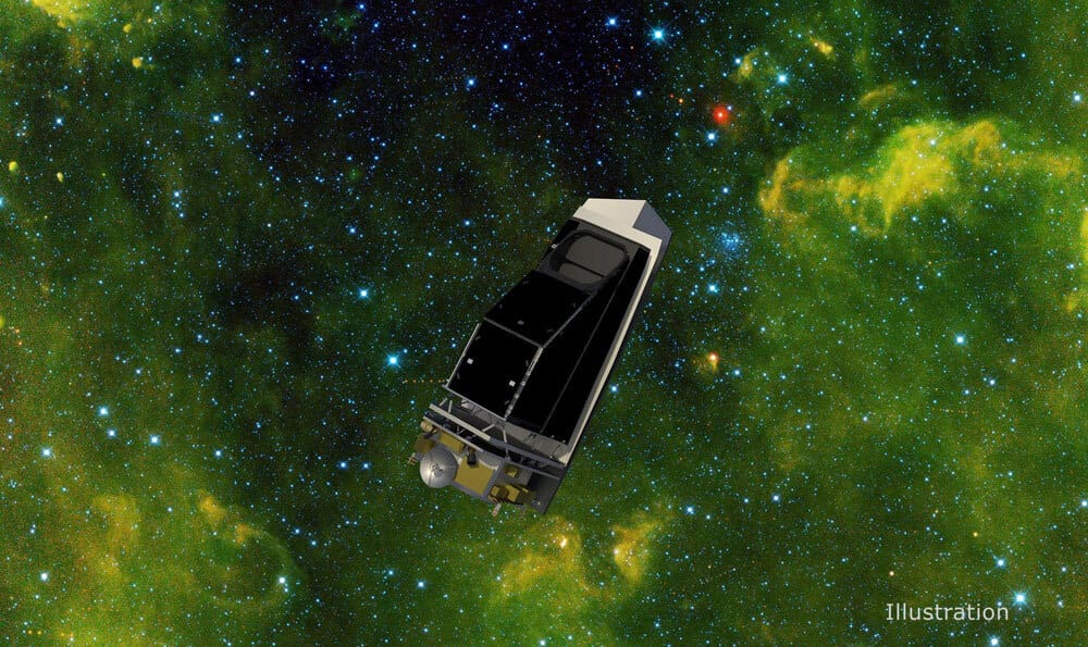 Drawing of a long rectangular spacecraft against a background of thousands of blue stars and greenish nebulae.